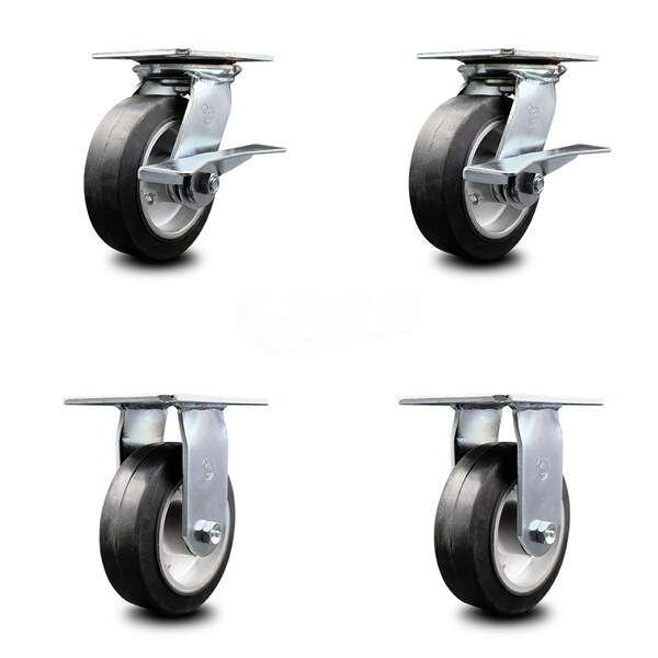 6 Inch Rubber on Aluminum Caster Set with Ball Bearing 2 Brakes and 2 Rigid SCC